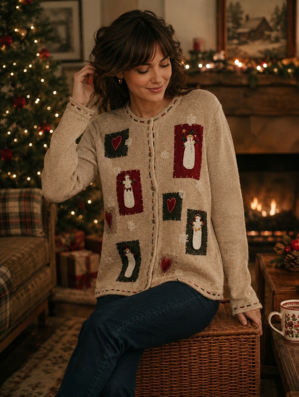 Women's Vintage Festive Beige Cardigan Sweater Sz Large